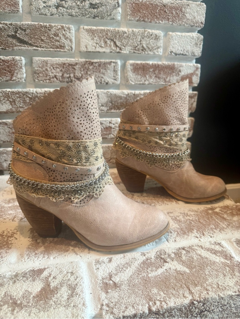Studded Suede Ankle Boots with Scalloped Trim and Jeweled Layers in Taupe Size 8